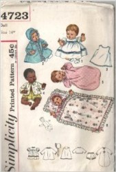 4723  SIMPLICITY 20 IN THUMBELINA BABY DEAR DOLL DRESS, COAT, UNDIES PATTERN